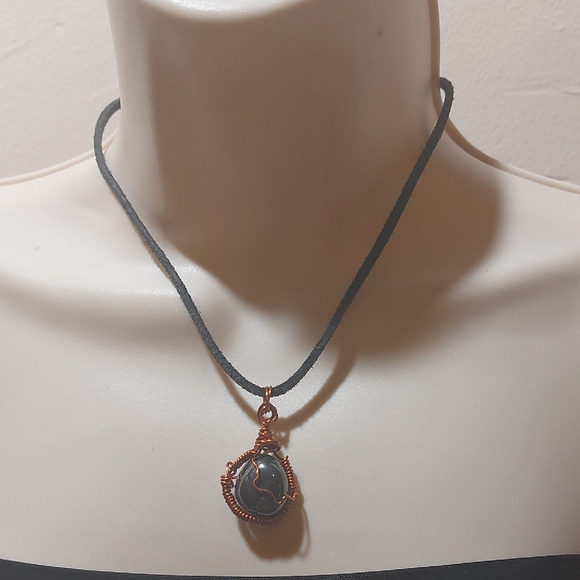 Jewelry - Artisan Copper Wire Wrapped Hematite Pendant On Suede Cord Necklace